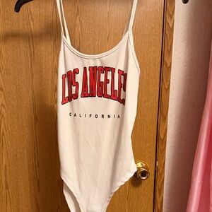 SHEIN White Ribbed 'LOS ANGELES' Graphic Tank Bodysuit